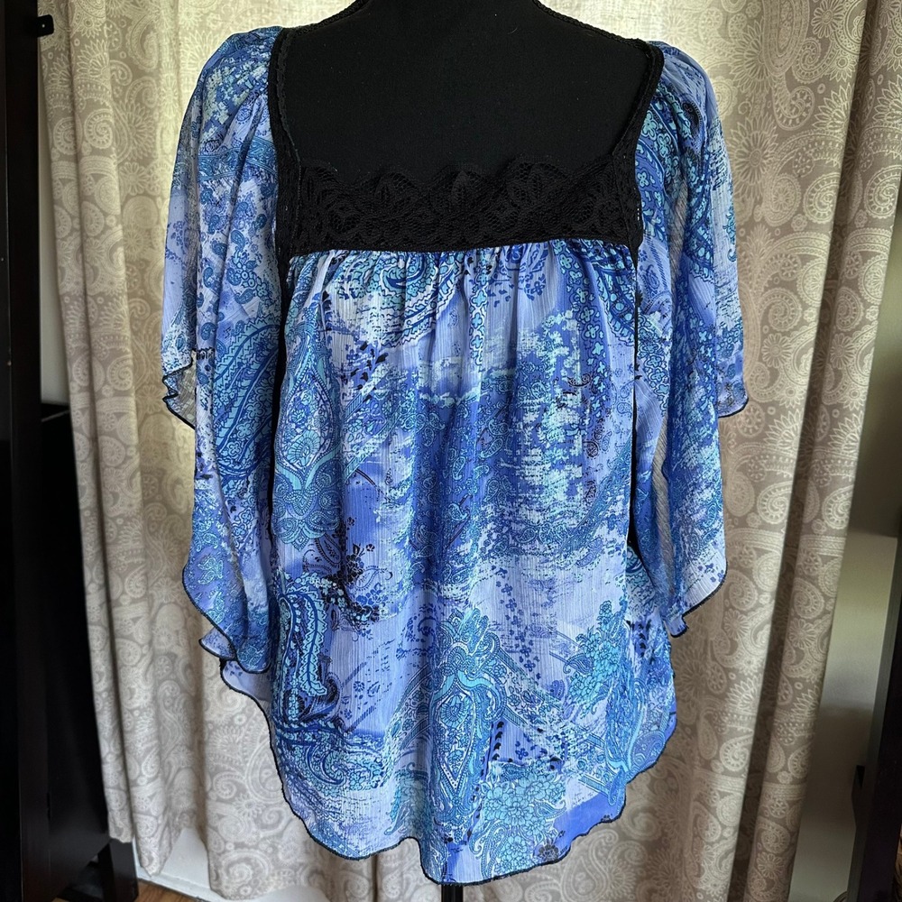 Wrapper Y2k Babydoll‎ Blue Paisley Lace Trim Butterfly Sleeve Blouse size Medium